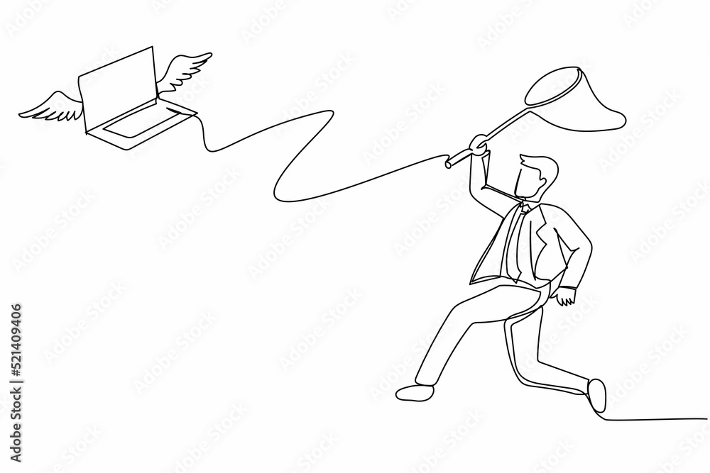 Poster single one line drawing attractive businessman try to catching flying laptop with butterfly net. sys
