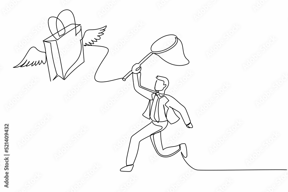 Poster continuous one line drawing businessman try to catching flying shopping bag with butterfly net. comm