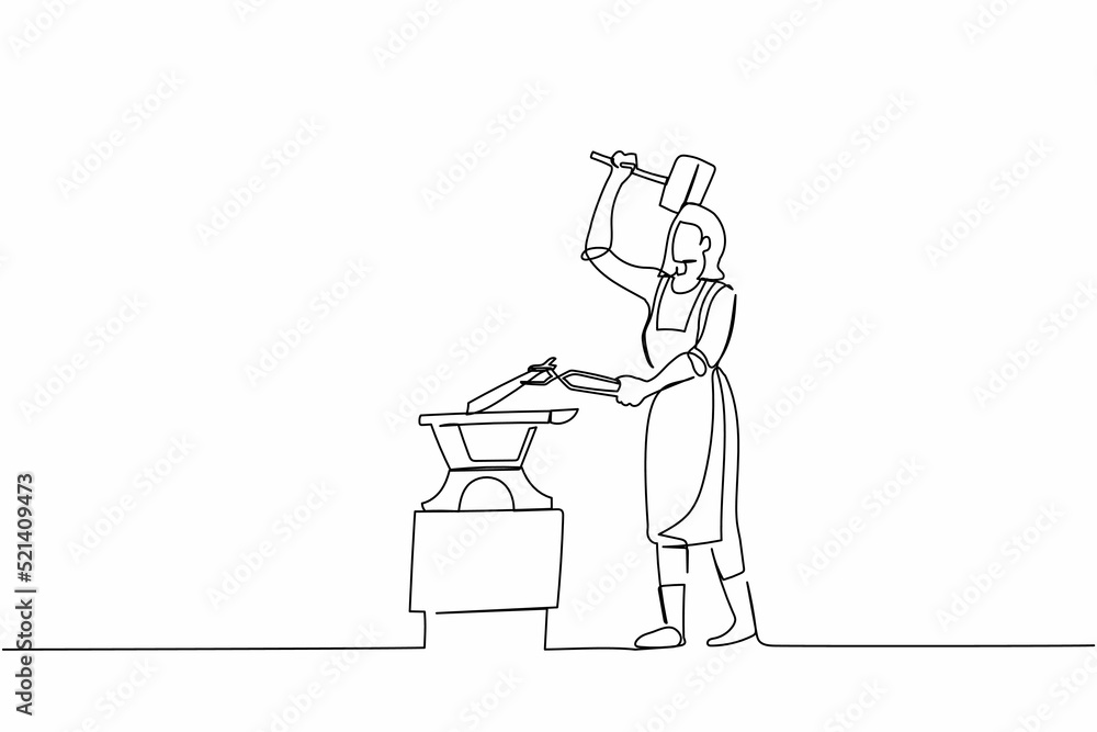 Poster single continuous line drawing active female blacksmith in apron forging blade on anvil. woman metal