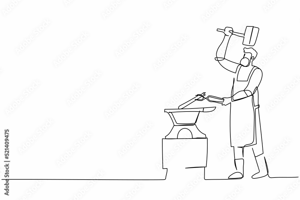 Poster continuous one line drawing bearded blacksmith in apron forging blade on the anvil. smith working wi