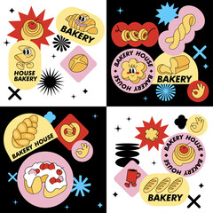 Vector set in retro style fbakery shop stickers. Colorful patch badges for bakery cafe.