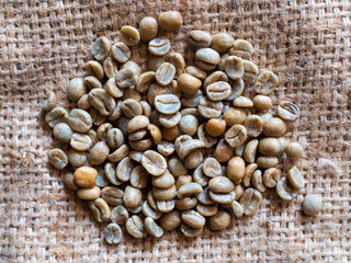 A handful of raw coffee beans on old sack texture