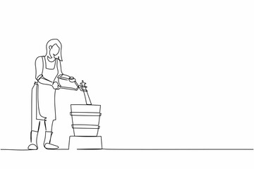 Single continuous line drawing cute female blacksmith master in apron putting hot metal material from furnace in cold water. Steel craft anvil worker. One line draw graphic design vector illustration