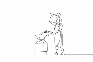 Single continuous line drawing active female blacksmith in apron forging blade on anvil. Woman metal worker with hammer and anvil create small sword. One line draw graphic design vector illustration