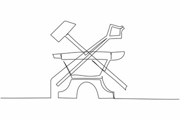 Continuous one line drawing blacksmiths tools icon. Crossed hammer, pliers, anvil. Craft and metalwork concept for emblems or labels templates. Single line draw design vector graphic illustration