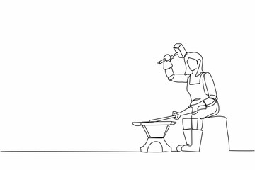 Single one line drawing female blacksmith sitting wearing apron hitting iron piece forged with hammer. Metal worker making craft art production. Continuous line draw design graphic vector illustration