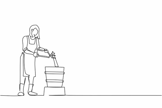 recommend clip art: Single continuous line drawing cute female blacksmith master in apron putting hot metal material from furnace in cold water. Steel craft anvil worker. One line draw graphic design vector illustration