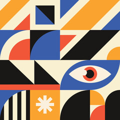 Geometric abstract pattern in blue, yellow, black and red colours. Bauhaus pattern for backgrounds, poster art, textile design, decorative prints, invitation letters, etc.