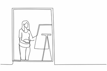 Single one line drawing woman painter drawing indoor near window. Female holding paint brush and palette, sketching on canvas. Artist painting at home. Continuous line draw design vector illustration