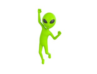 Alien character Jumping with smile on face doing winner gesture with fists up in 3d rendering.