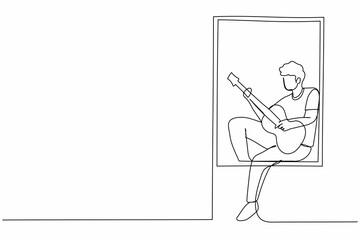 Continuous one line drawing young man sits on windowsill playing guitar and sing song. Rest, stay at home, human life, relaxation, comfort, romantic. Single line design vector graphic illustration