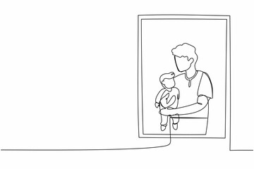Continuous one line drawing man holding newborn baby near window. Child lies on in dad's arms. Man taking care of child. Dad on maternity leave with baby. Single line draw design vector illustration
