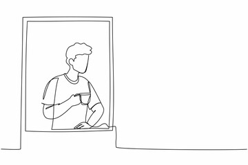 Single one line drawing man enjoy hot coffee or tea in window house. Male holding mug and looking through window while sitting on windowsill at home. Continuous line design graphic vector illustration