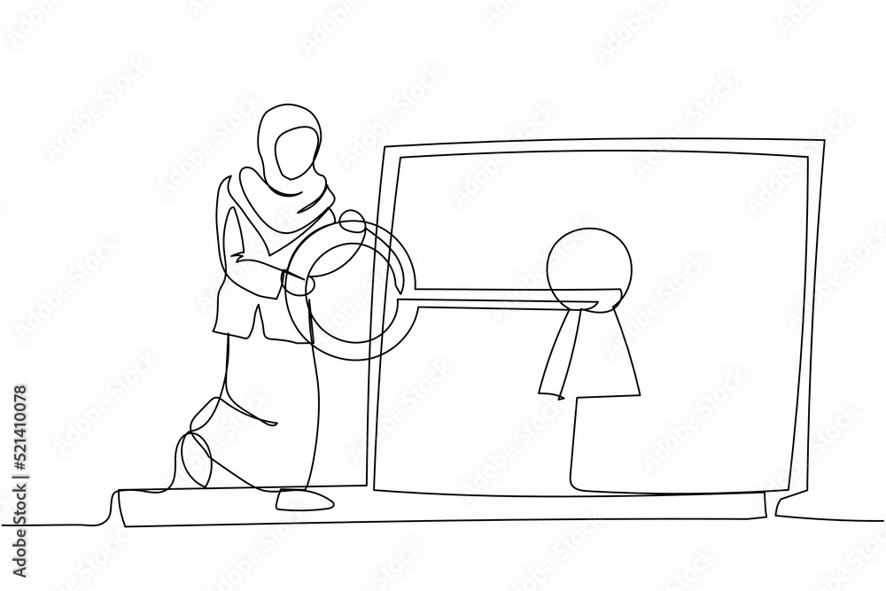 Poster continuous one line drawing arab businesswoman put key into laptop computer. internet security from 
