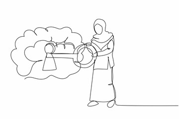 Single continuous line drawing Arabian businesswoman put key into brain. Open minded personality. Mental health care, psychology. healthy soul. Dynamic one line draw graphic design vector illustration