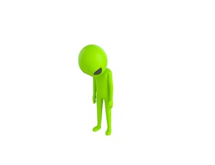 Alien character looking down in 3d rendering.