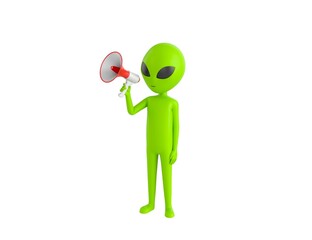 Alien character speaking in megaphone in 3d rendering.