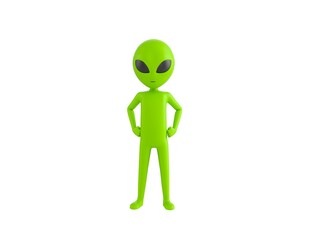 Alien character with hands on hip in 3d rendering.