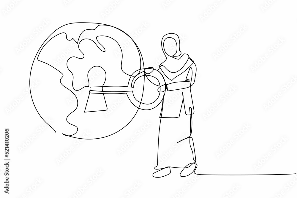 Poster single one line drawing arabian businesswoman put key into globe. save world from global warming. se