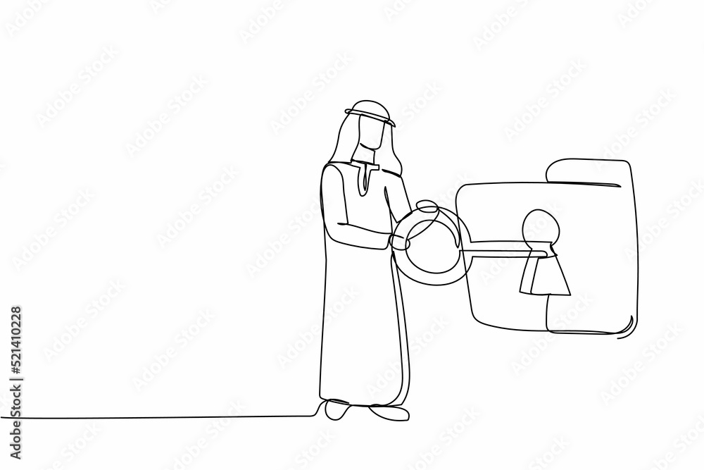 Poster single continuous line drawing arab businessman putting big key into folder. document protection. fo
