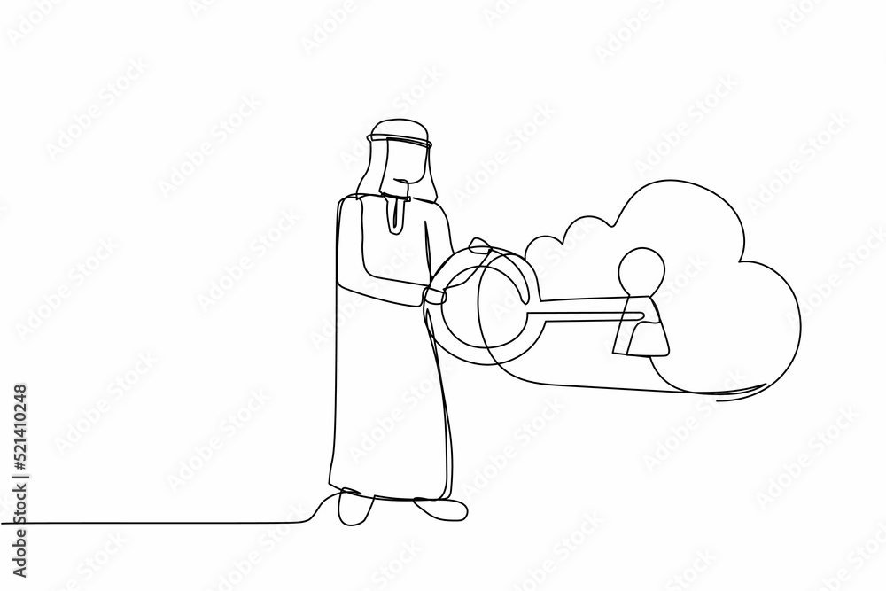 Poster Single continuous line drawing Arab businessman putting big key into cloud. Safety storage. Cloud password lock security authentication. Internet technology. One line draw design vector illustration