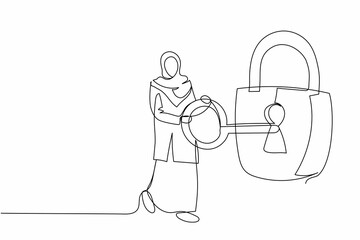 Continuous one line drawing Arab businesswoman put key into padlock. Unlock business success. Successful career or goal achievement. Secret for success. Single line graphic design vector illustration