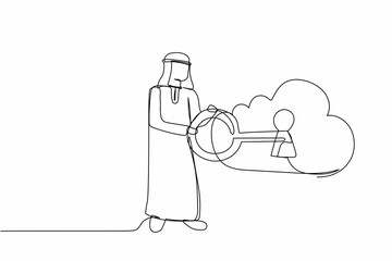 Single continuous line drawing Arab businessman putting big key into cloud. Safety storage. Cloud password lock security authentication. Internet technology. One line draw design vector illustration