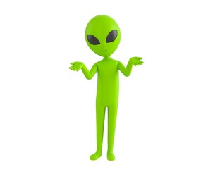 Alien character spreading his two hands and looking to camera in 3d rendering.
