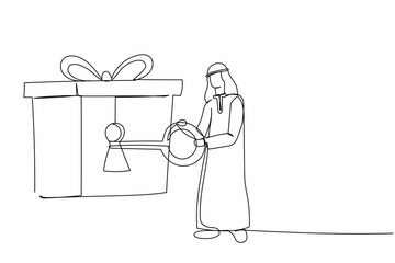 Continuous one line drawing Arabian businessman putting key into gift box with ribbon. Unlock gift for successful business achievement. Celebration concept. Single line draw design vector illustration