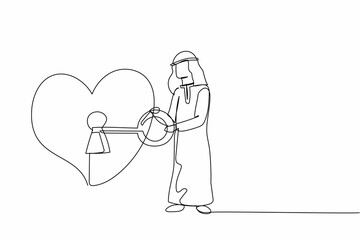 Single continuous line drawing Arab businessman putting big key into heart. Male lover try to unlock woman's heart. Metaphor love, marriage invitation. One line draw graphic design vector illustration