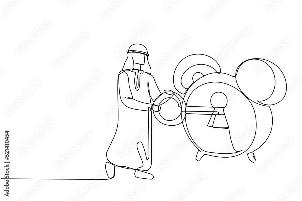 Poster single continuous line drawing arabian businessman putting big key into alarm clock. deadline work c
