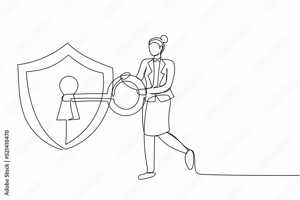 Poster single continuous line drawing businesswoman put key into shield. security guard. encryption, encodi