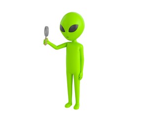 Alien character holding magnifying glass in 3d rendering.