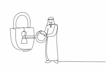 Continuous one line drawing Arab businessman putting big key into padlock. Business security safety protection concept. Safety, private property protection. Single line draw design vector illustration