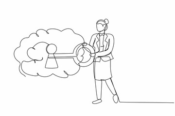 Continuous one line drawing businesswoman put key into brain. Open minded concept. Mental health care, psychology. Philosophy metaphor, personality. Single line draw design vector graphic illustration