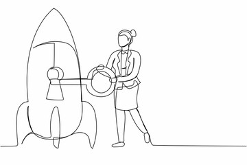 Obraz premium Single one line drawing businesswoman put key into rocket. Restart business project. Unlock or launch new business idea. Web development. Modern continuous line draw design graphic vector illustration