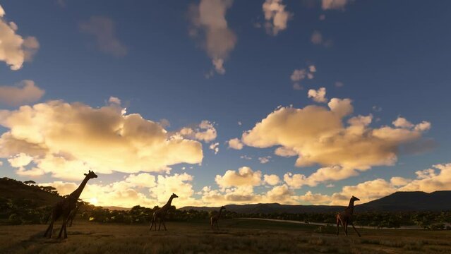 Wild giraffes walking at sunset on the Blue Nile, Ethiopia. Africa