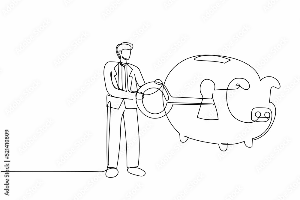 Poster continuous one line drawing businessman putting big key into piggy bank. security in saving personal