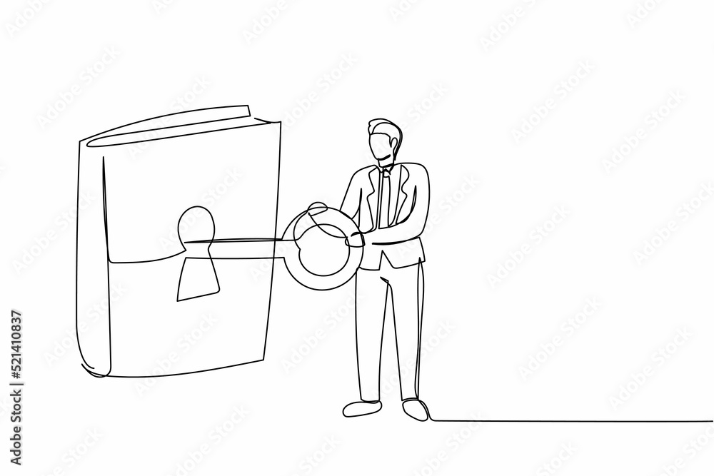 Poster continuous one line drawing smart businessman putting big key into book. office manager open a book,