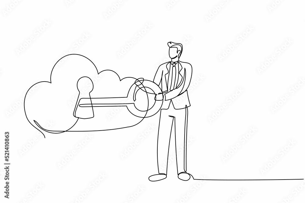 Poster continuous one line drawing businessman close on key in huge cloud. cloud password lock security aut