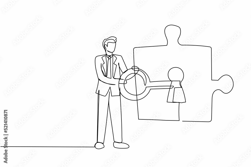 Poster single continuous line drawing businessman putting big key into puzzle piece. completing project met