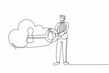 Continuous one line drawing businessman close on key in huge cloud. Cloud password lock security authentication. Online internet technology. Key cloud keyhole. Single line design vector illustration
