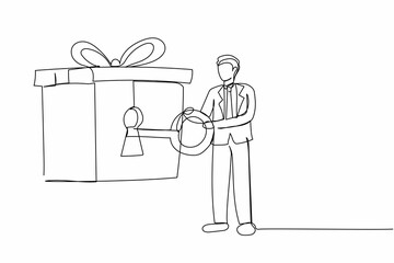 Single continuous line drawing happy businessman putting big key into gift box with ribbon. Unlock gift and confidential personal information concept. One line draw graphic design vector illustration