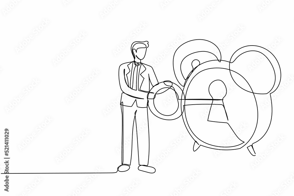 Poster continuous one line drawing businessman putting big key into alarm clock. male manager in business s