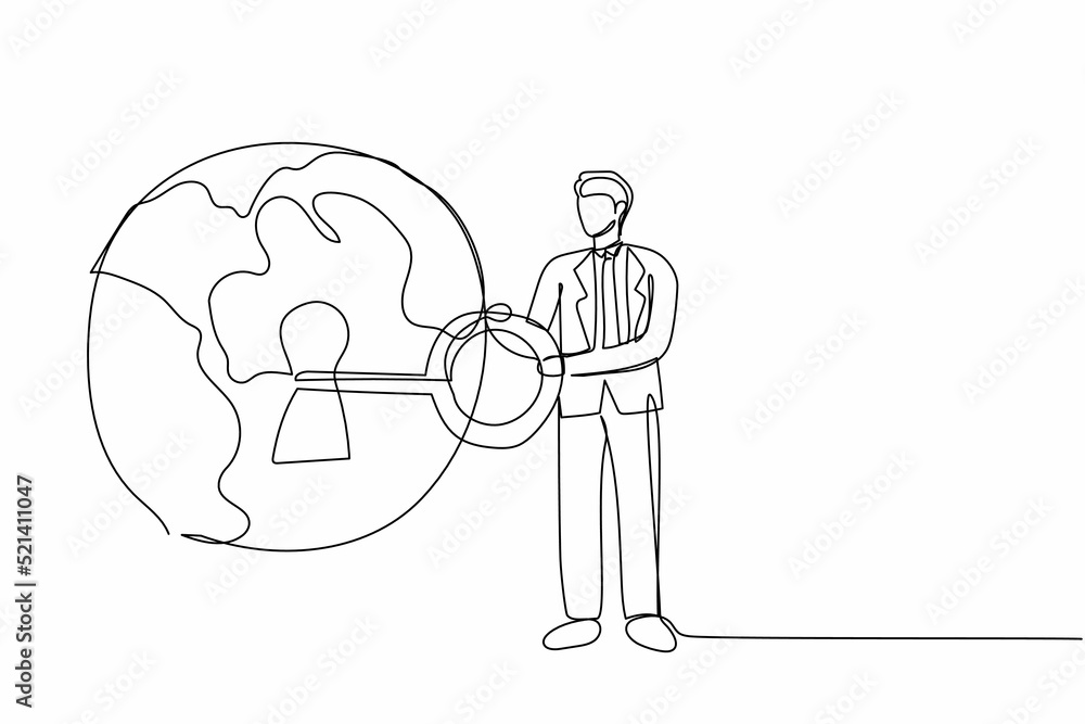 Poster single continuous line drawing businessman putting big key into globe. world protection from global 