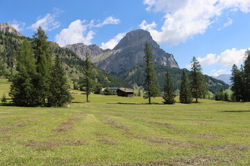 Fototapeta na wymiar Coravara, Italy-July 16, 2022: The italian Dolomites behind the small village of Corvara in summer days with beaitiful blue sky in the background. Green nature in the middle of the rocks. 