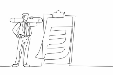 Continuous one line drawing positive businessman with giant pencil on shoulder nearby marked checklist clipboard paper. Successful completion of business tasks. Single line design vector illustration - obrazy, fototapety, plakaty