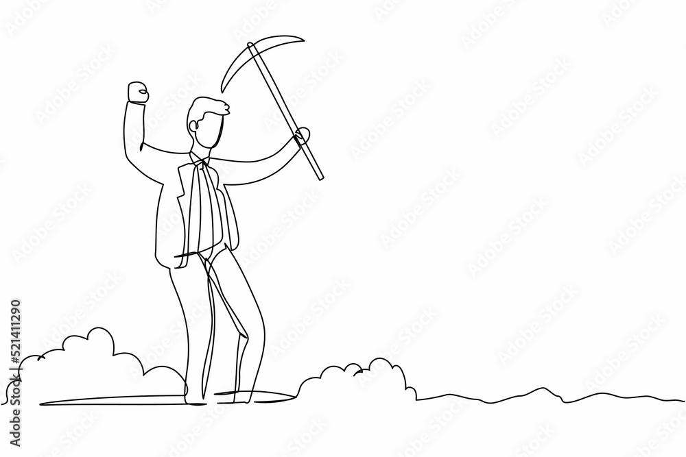 Aufkleber continuous one line drawing happy businessman in hole prancing while lifting pickaxe with hands. mal