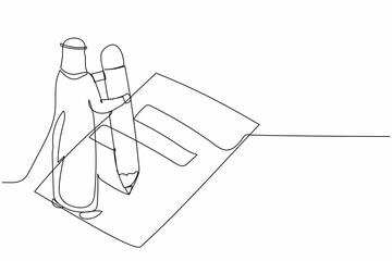 Fototapeta na wymiar Single one line drawing Arabian businessman writing survey form on the floor. Office worker filled out checklist on clipboard with giant pencil. Continuous line draw design graphic vector illustration