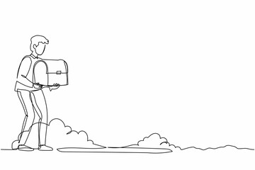 Single one line drawing excited businessman hold chest find treasure in ground. Happy office worker walking to digging hole with treasure box. Continuous line draw design graphic vector illustration